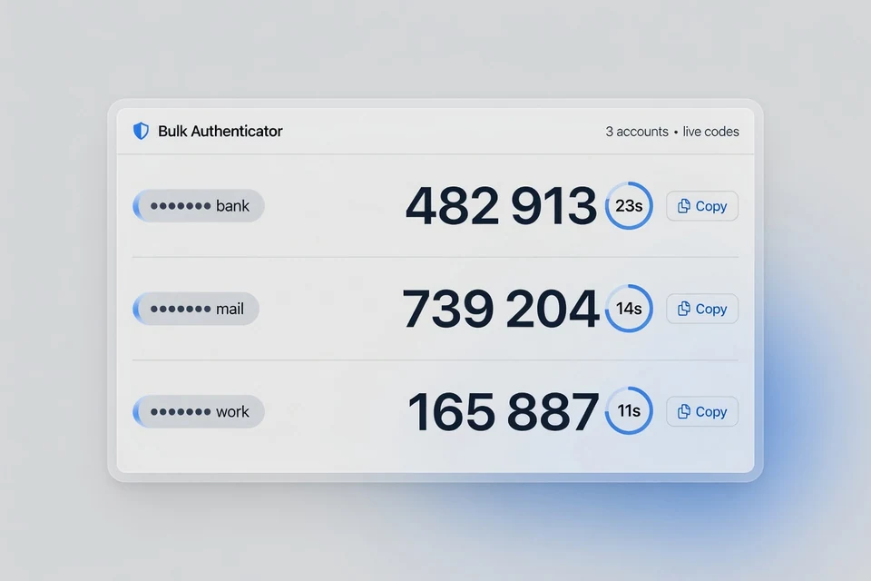 Bulk 2FA generator showing multiple masked accounts and six-digit codes